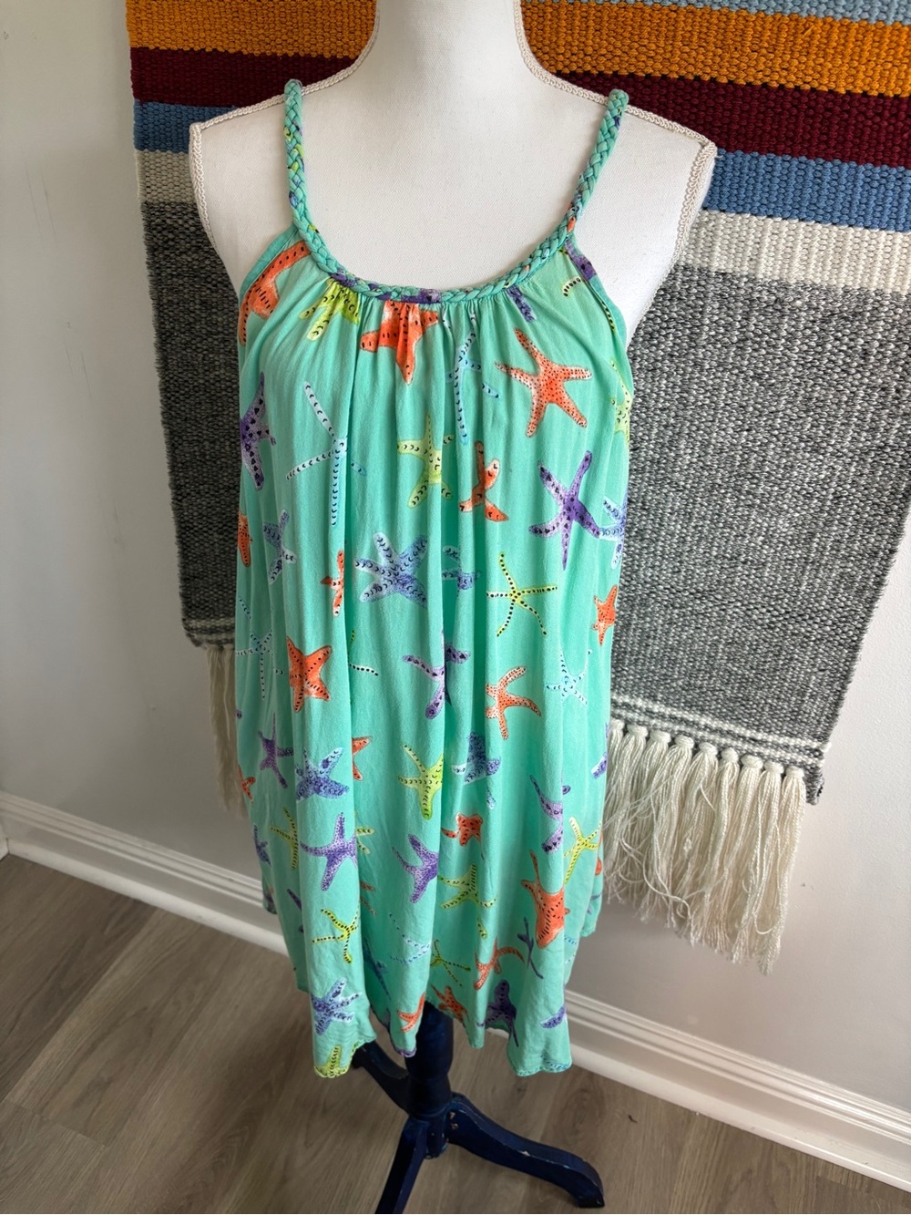 blue island Seafoam Green Braided-Strap Starfish Print Tank Dress